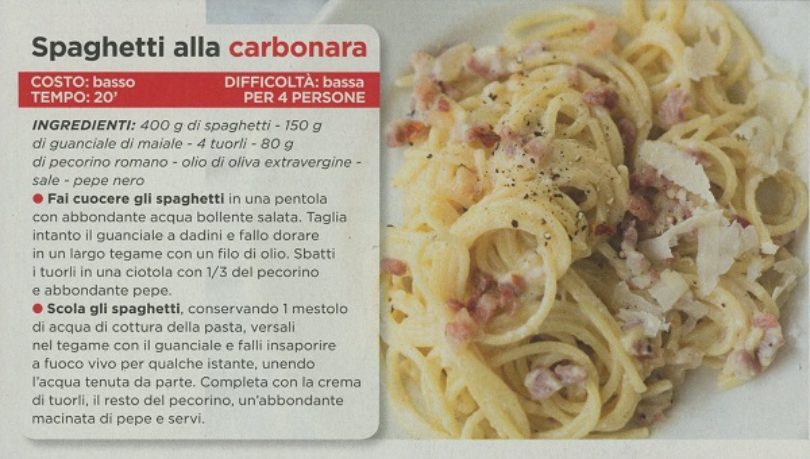 Paola Ferrari, spaghetti alla carbonara al top