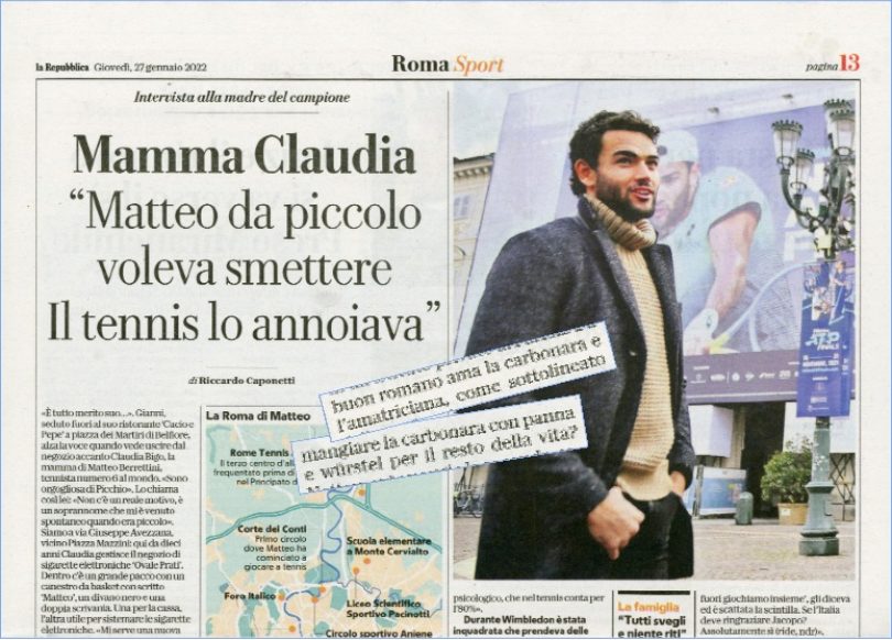 Matteo Berrettini e la carbonara su La Repubblica